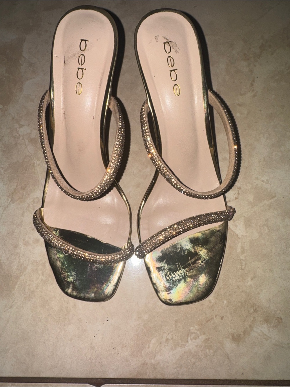 bebe Iridescent Gold Strappy Heeled Sandals